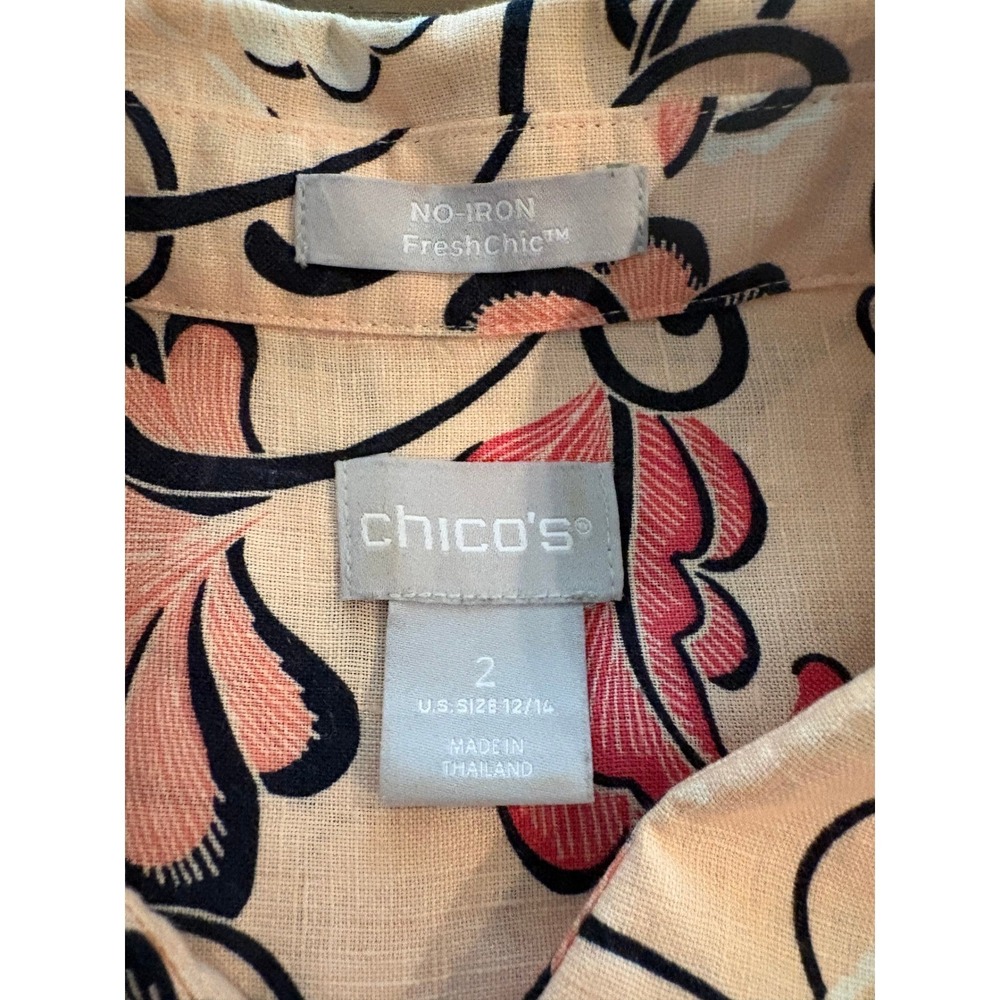 Chicos Women SZ 2 L=12/14 Peach Pink Floral No-Iron 3/4 Sleeve Button Down Shirt - Picture 6 of 10